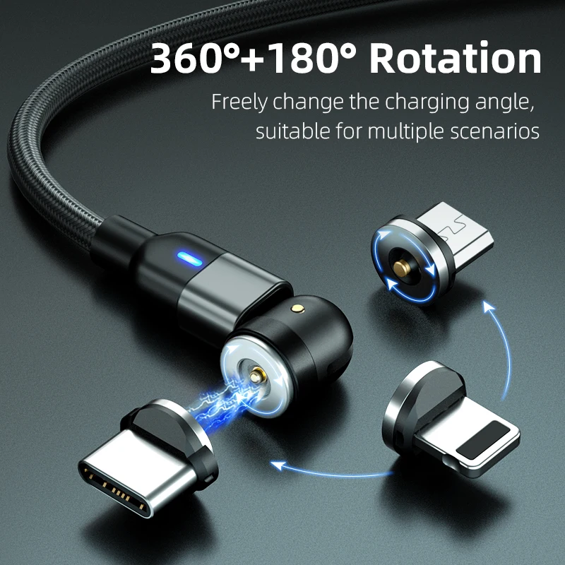 Amazon new product 3 in 1 540 degree rotate round interface mobile phone magnetic charging cable - ANKUX.COM