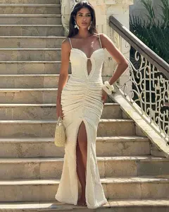 Sexy Split Pleated Maxi Dress Women Summer INS Fashion Sleeveless Elegant Bodycon Club Party Long Dress