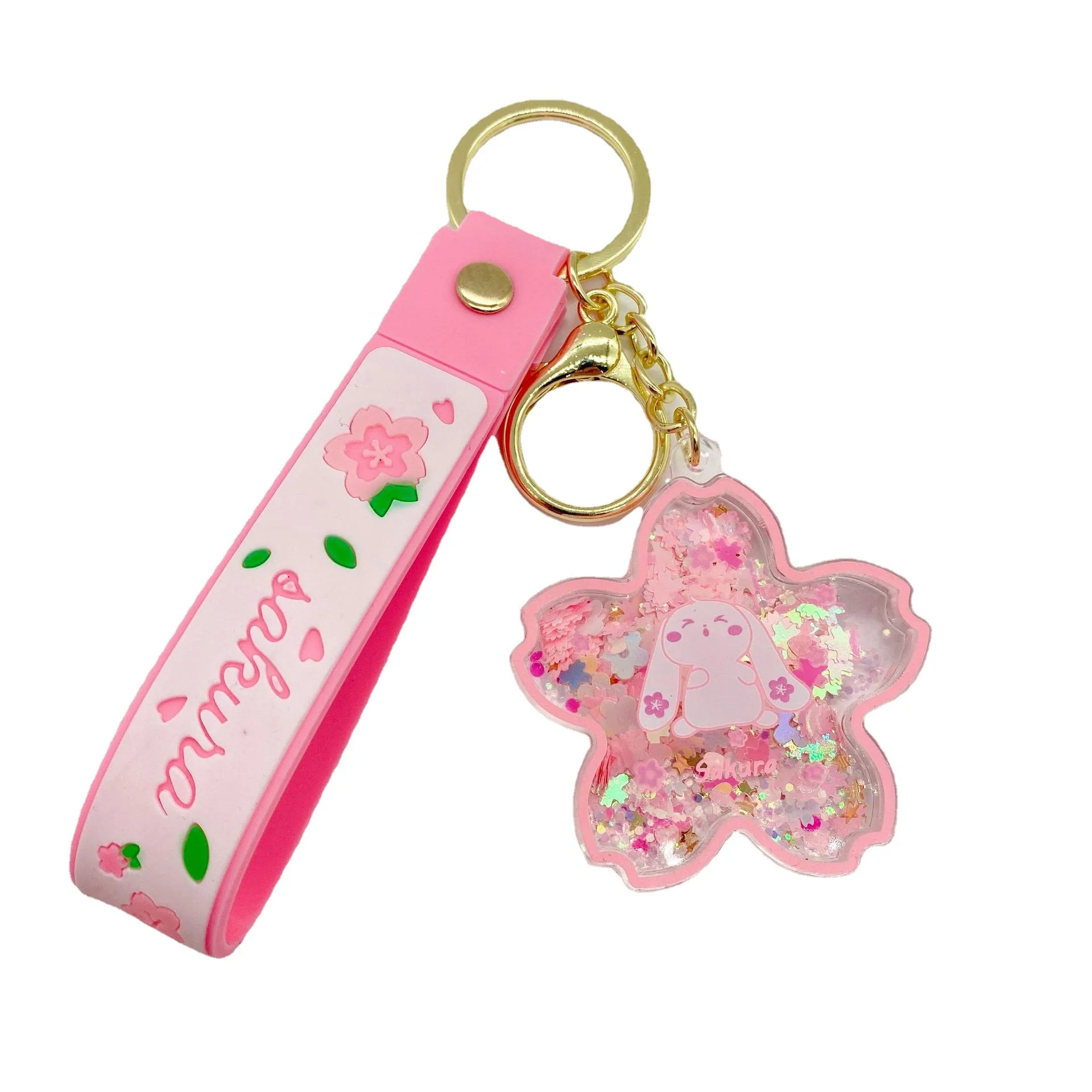 クリエイティブな浮遊桜ウサギキーホルダー、液体オイルウサギが動く