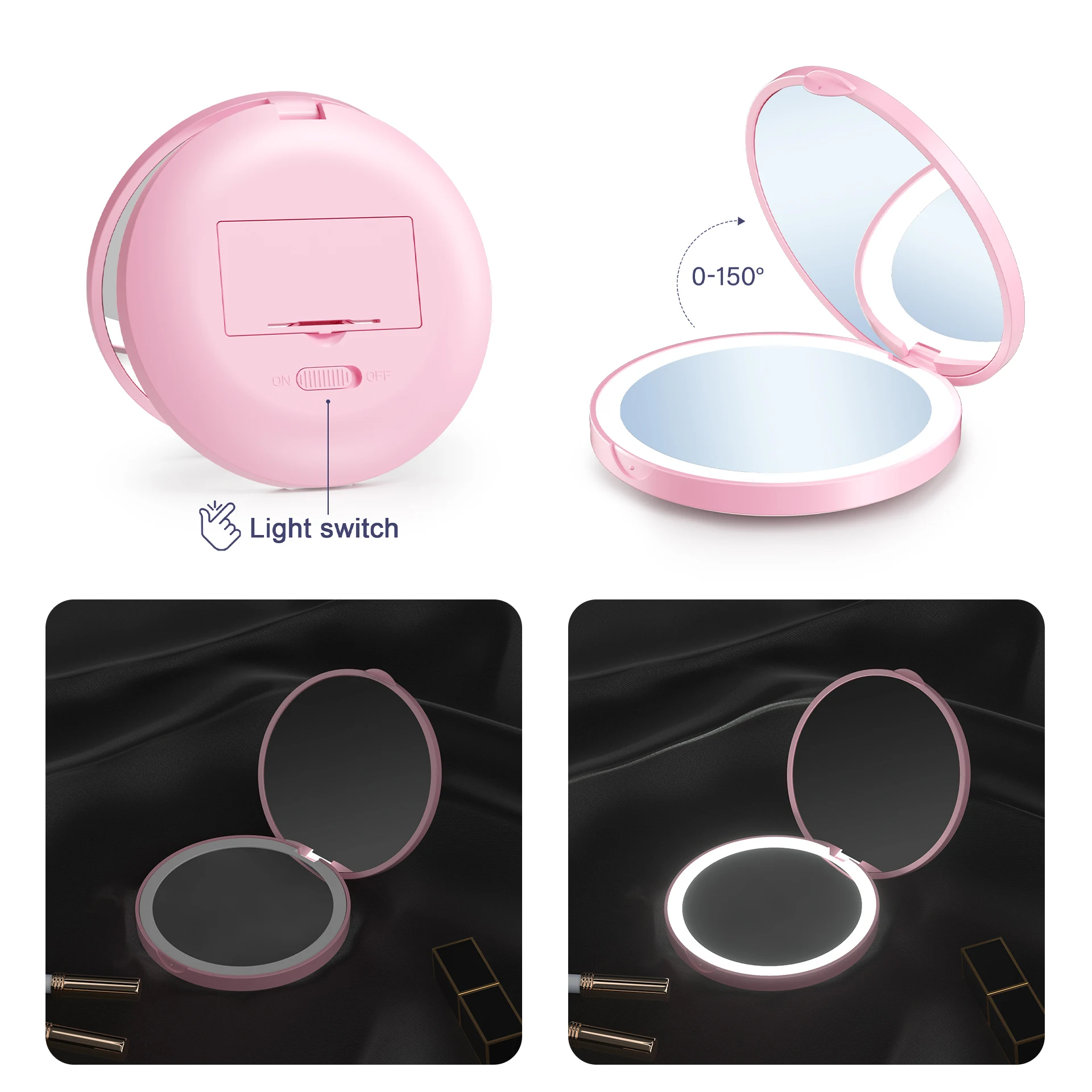 Custom 1X 2X Magnification Pink Cute LED Light Pocket Purse Hand Portable Folding Small Mini Makeup Mirror