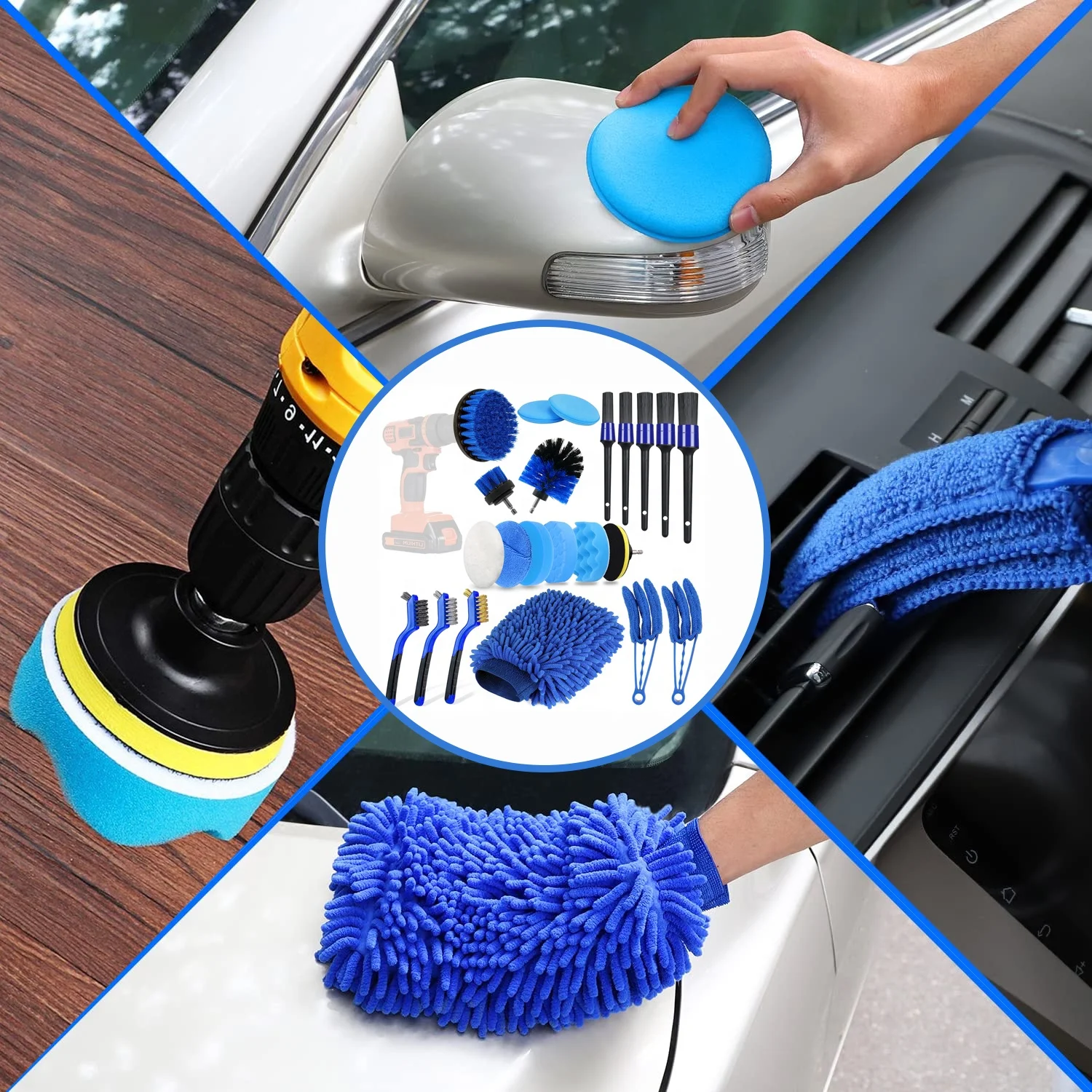 22Pcs Car Detailing Kit Brushes Set Interior Cleaning With Auto Drill Soft Brush Attachment Sponge Polishing Pads Car Wash Brush