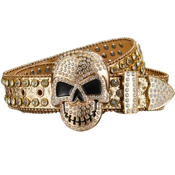 Wholesale Personality Full Diamond Skull Buckle Belt Fashional Rhinestone Belt Punk Rcok Style Belt