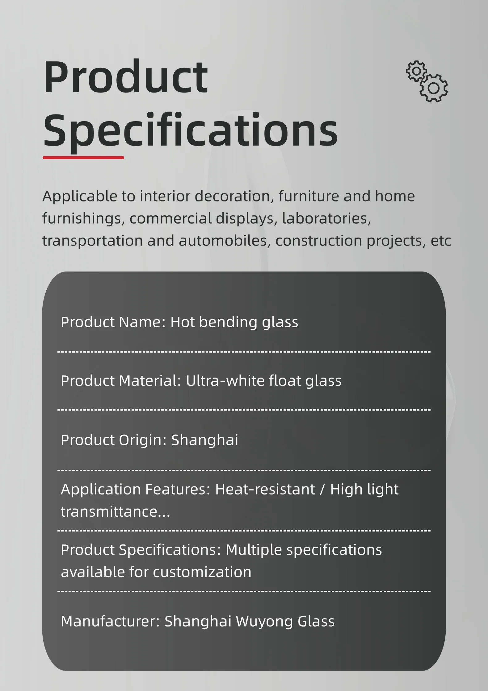 Technical specification diagram for bent glass dimensions