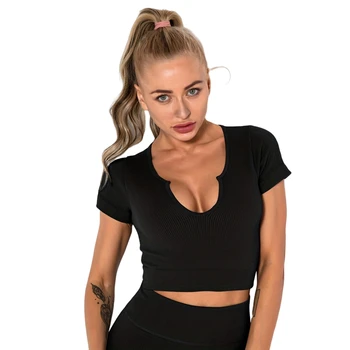 Factory Outlet  Women's Seamless Yoga Shirts Slim Fit Crop Top Running Gym Fitness U Shape Tops