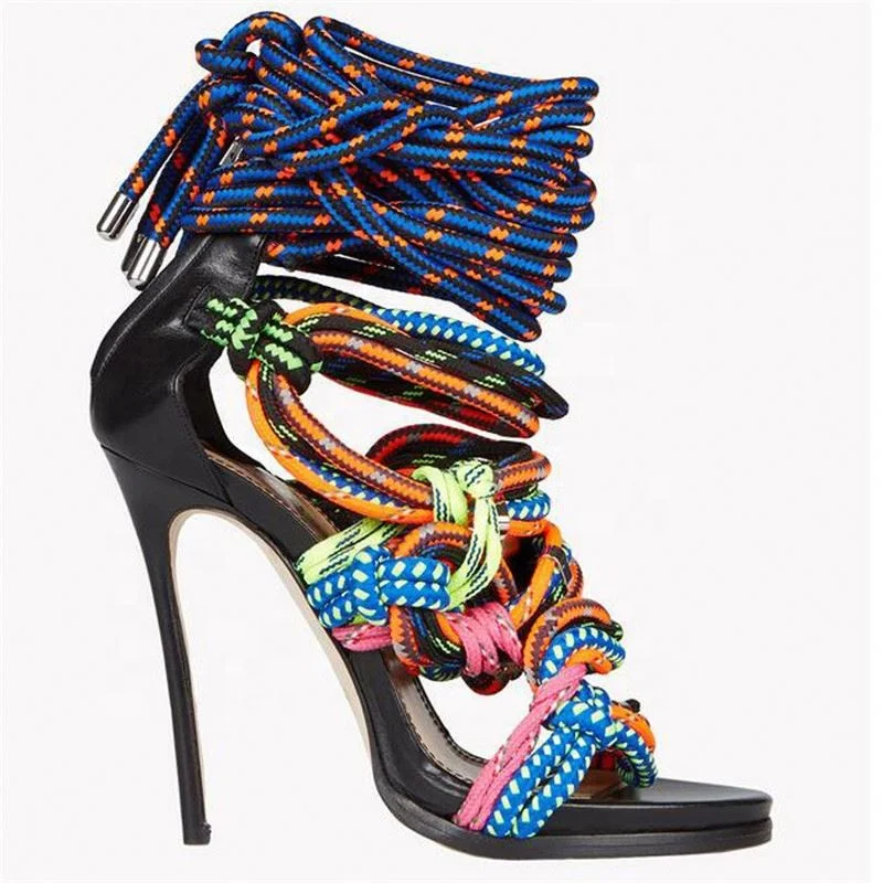 Womens Colorful Mixed Color Weave Rope Peep Toe High Heel Stilettos Cross Straps 
