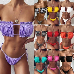 Sexy Ruched Cutout Bandeau Bikini Set Strapless Two Piece Swimsuit for Women Beachwear Summer Swim Outfit