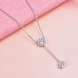925 Sterling Silver Rhodium Plated Round Pendant Necklace | Elongated Dangling Zirconia Medallion | Adjustable Chain Jewelry