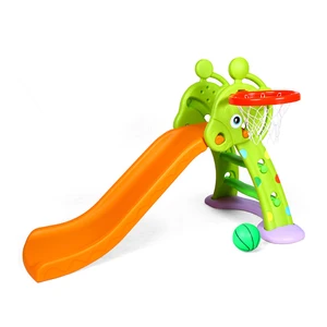 Cheap Price Deer Design Daycare Plastic Folding Toddle Slide Small Simple Indoor Home Plastic Slide and Basketball Hoop Set