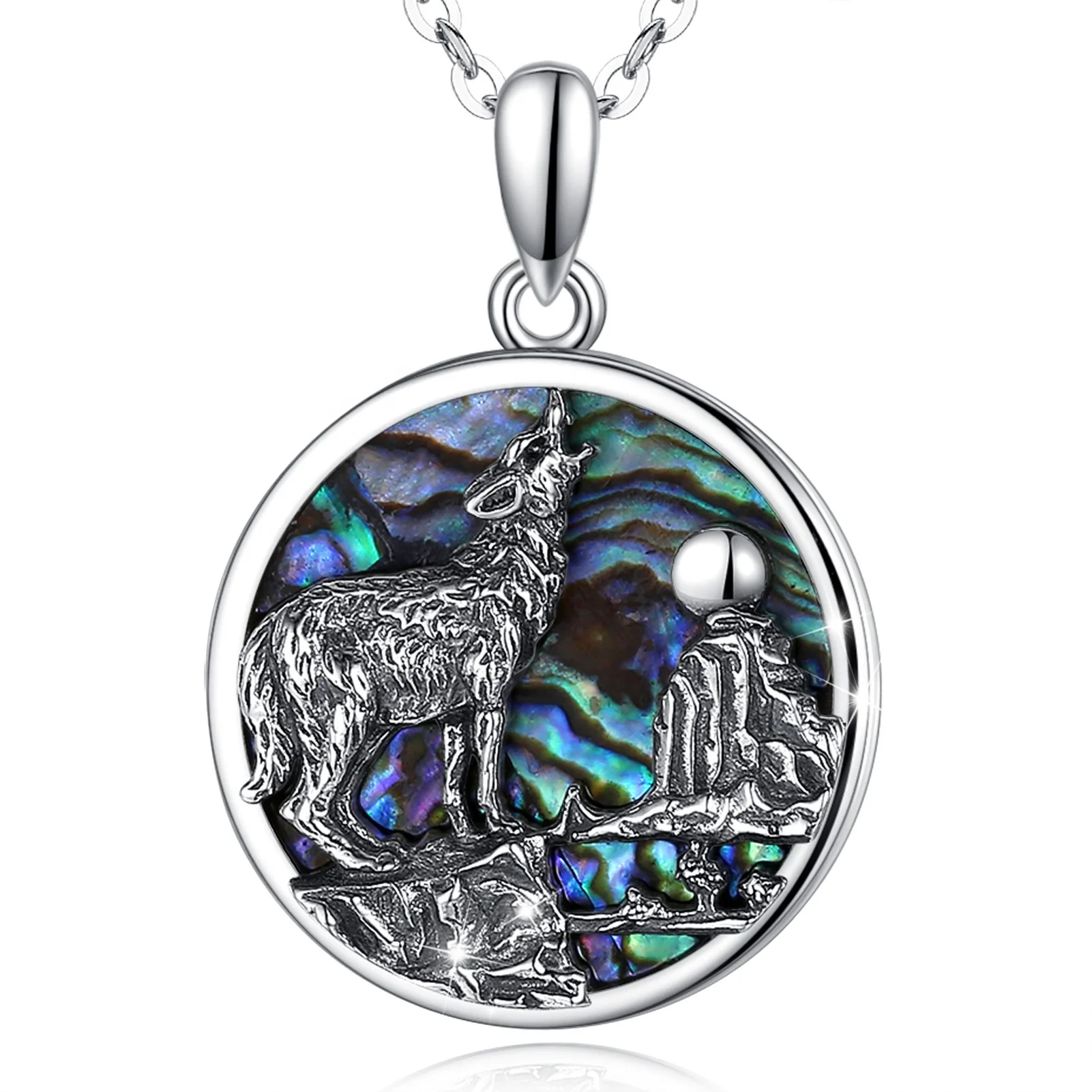 925 Sterling Silver Medallion Mother of Pearl Moon Wolf Pendant 925 Sterling Silver Medallion Mother of Pearl Moon Wolf Pendant