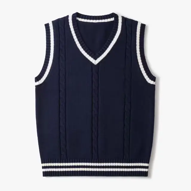 100% Cotton Preppy Chic V-Neck Pullover Vest Sweater Solid Color New School Uniform Knitwear for Men Custom Manufacturer