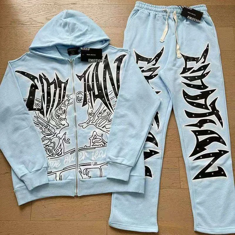Salati Top Quality Cotton Zip up Pullover Hoodies Heavyweight Vintage Streetwear Men's Clothing Mixed Emotions Hoodies for Men gallery 7
