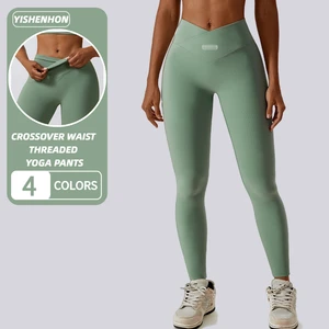 For YISHENHON High Waist Yoga Pants for Women Push Elastic Scrunch Butt Fitness V Cross Waistband Seamless Solid Yoga Leggings