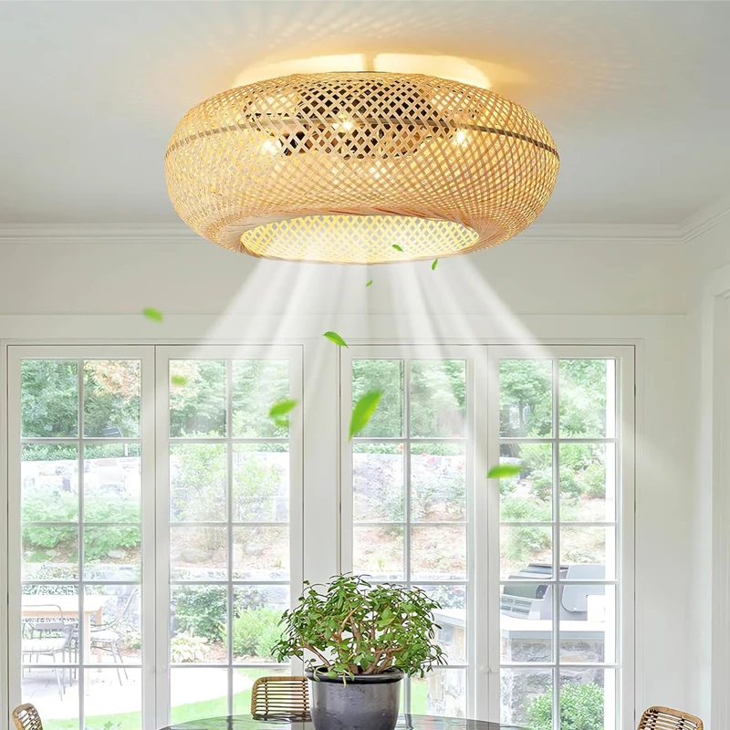 22 Inch Caged Ceiling Fan with Light Flush Mount Rattan Weaving Decorative Home Ceiling Fans With Lights and Remote Control