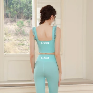 Women's Mesh Ruffle Yoga Set, Summer Stylish Camisole Top & Leggings, High Elastic Gym Workout Activewear