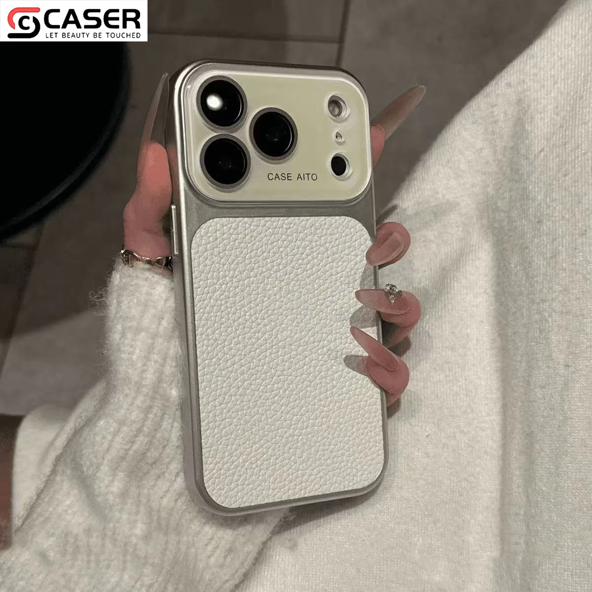 Lychee Texture PU Leather Full Body Case Metal Silver Glass Lens Cover Shockproof Protection for iPhone13-17series