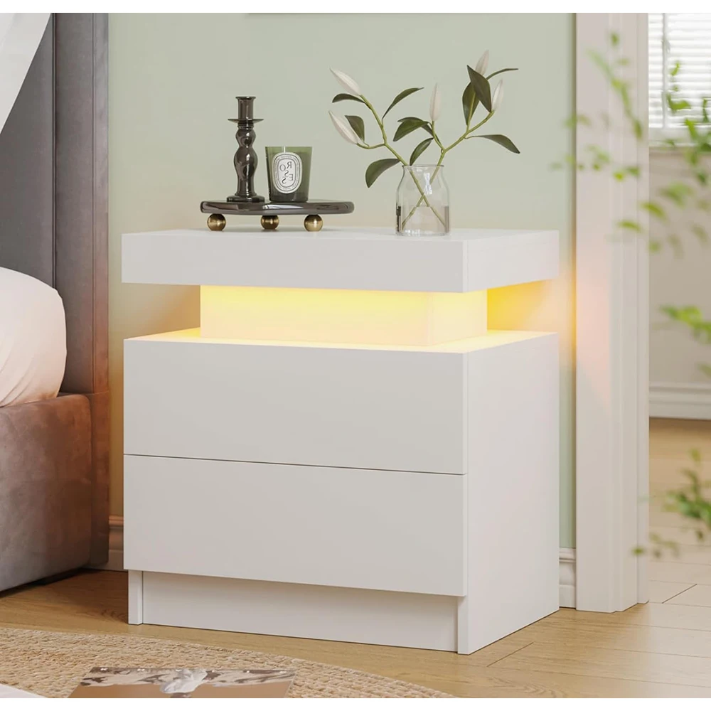 White LED Modern Nightstand with 2 Wood Drawers Bedside Cabinet for Bedroom Panel Design