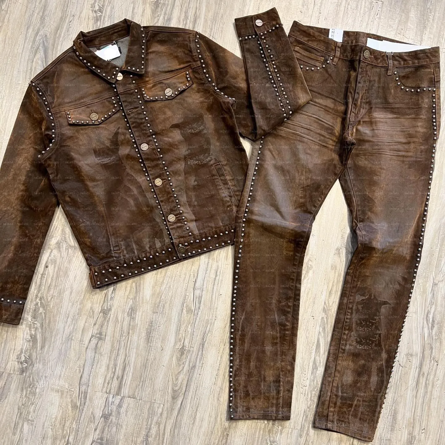 Salati Custom Hip Hop Two-Piece Outfits Men Studded Button Fly Matching Denim Suits Jacket Straight Fit Jeans Pants Printed gallery 8