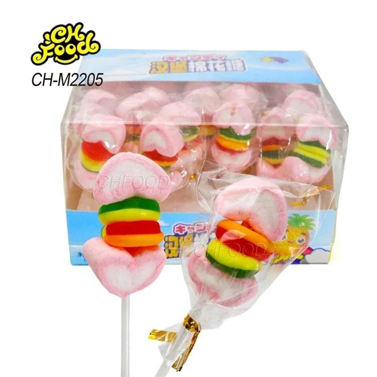 Custom Cheap Halal New Heart Shape Marshmallow with Hamburger Gummy Candy Valentine's Day Candies Fruit Flavor Cotton Candy