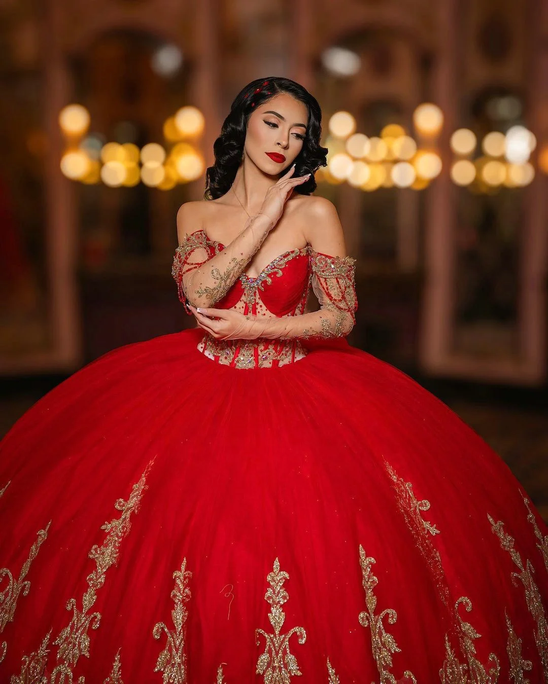 Mumuleo Long Sleeve Metallic Sequin Beading Red and Gold Quinceanera Dress  With Multi Color Crystals| Alibaba.com