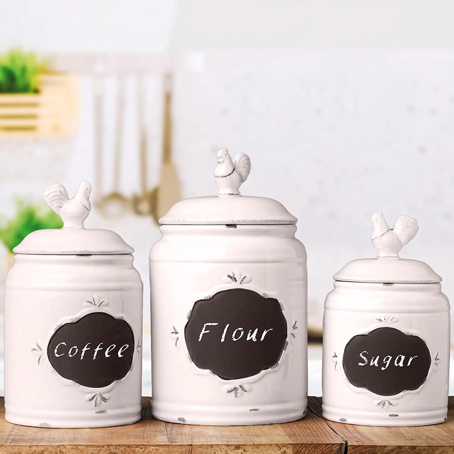 Ceramic Kitchen Canisters Set of 3 Antique Jars for Kitchen Storage with Rooster Lid and Chalkboard
