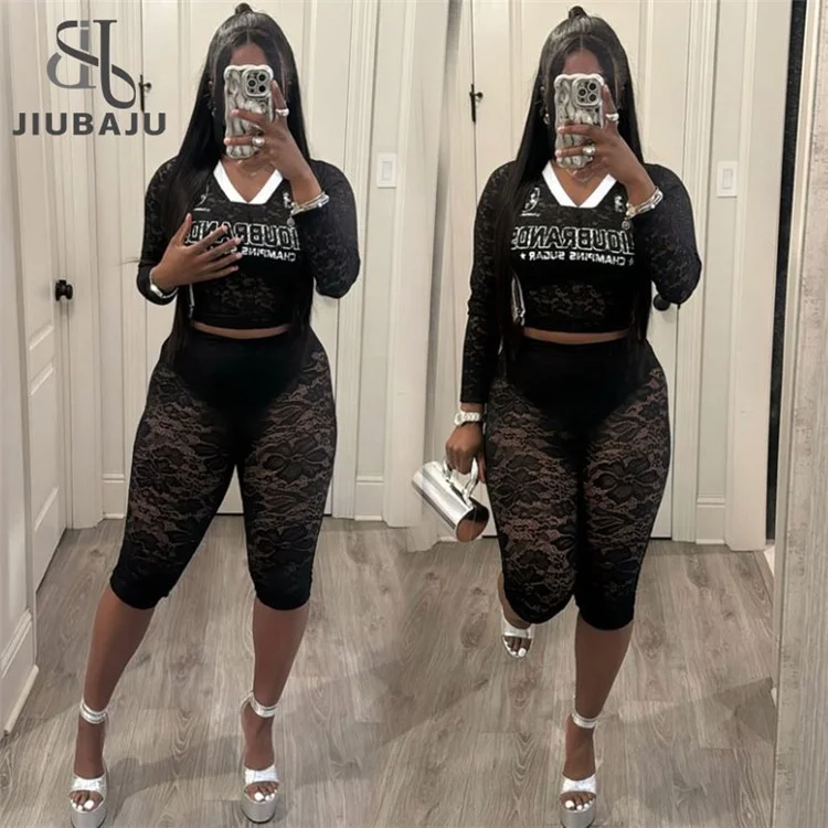 Lace See Though Two Piece Sets Women V Neck Long Sleeve Slim Top and Short Pants Outfits