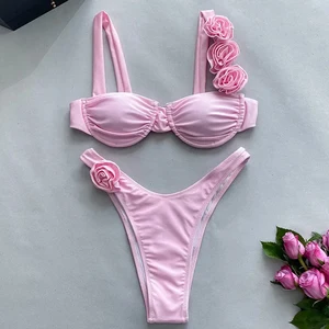 Thailand Hot Sales Sexy Flower Shiny Pink Push up Print Swimwear Bathing Suits for Women Two-Piece Bikini Set