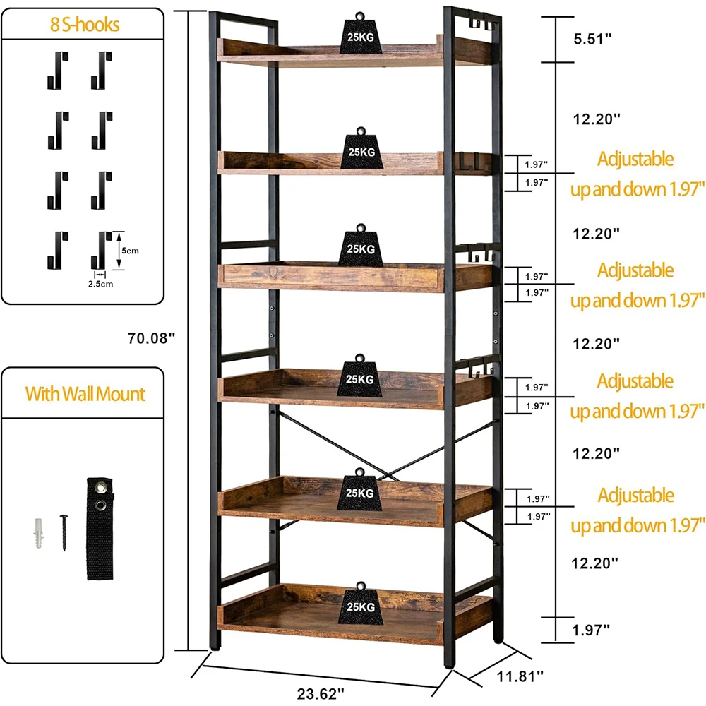 product adjustable 6 tier open modern wood black metal bookcase with back panel home office living room bedroom-1
