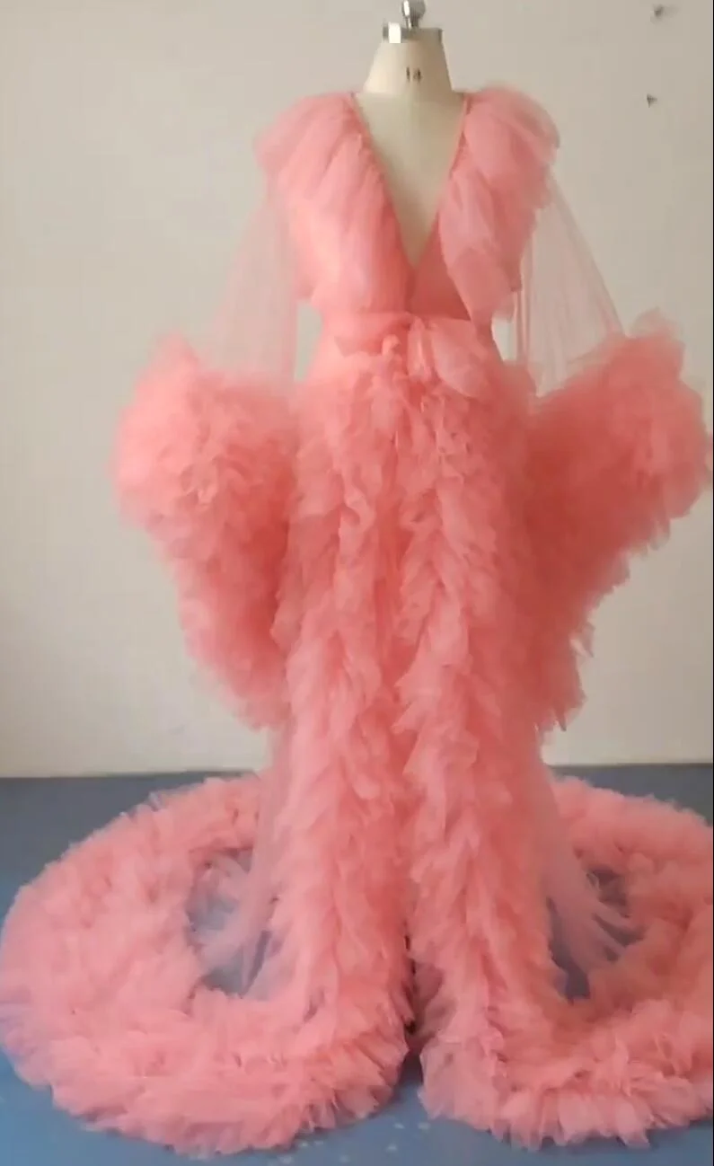 pink fluffy maternity dress Soft Tulle Ruffles Sexy Long Sleeve Slit Pleated Maternity Dress For Photoshoot