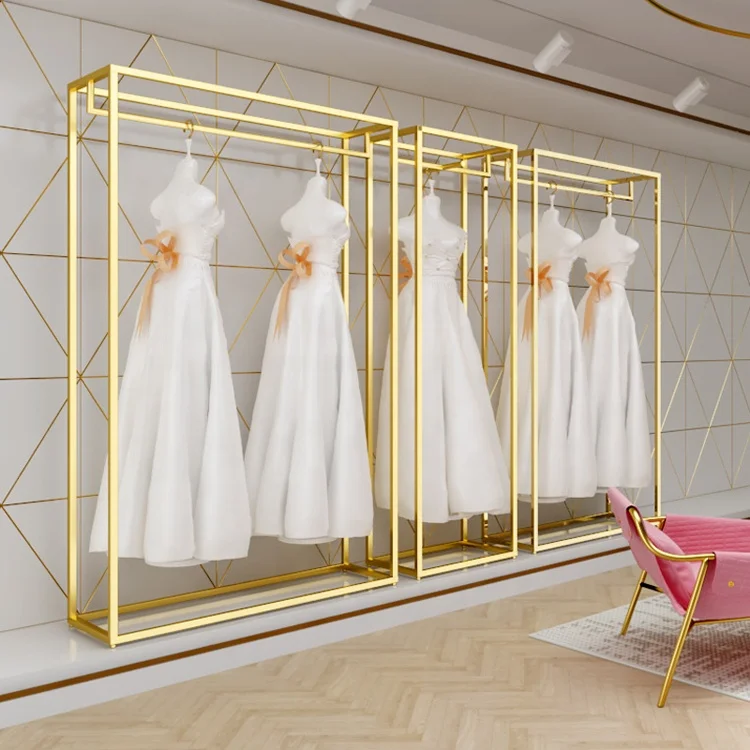 Custom Size Shop Stainless Steel Luxury Bridal Store Clothes Stand Wedding Dresses Shop Decoration Gold Clothing Display Rack Custom Size Shop Stainless Steel Luxury Bridal Store Clothes Stand Wedding Dresses Shop Decoration Gold Clothing Display Rack