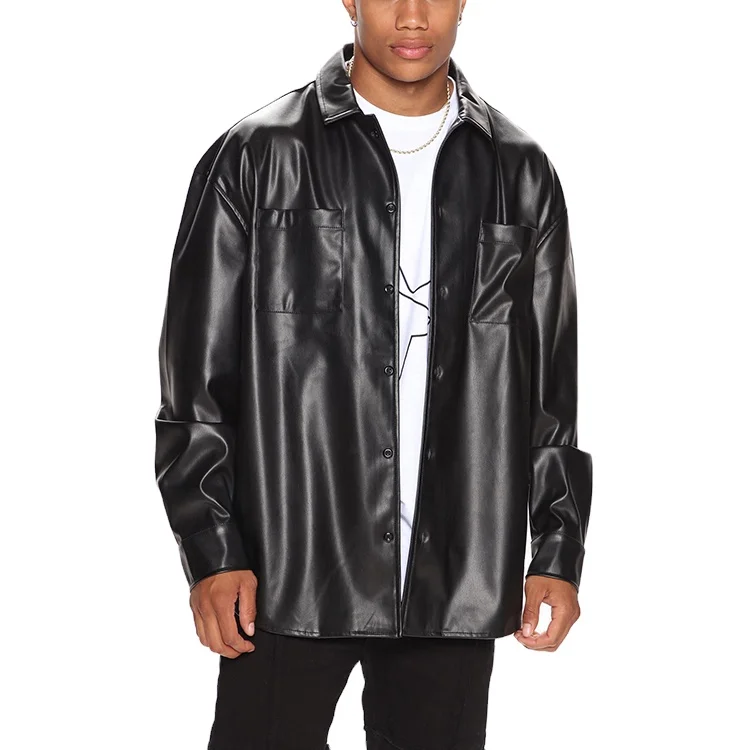 Black Custom Oversized Shacket Pockets Plus Size Leather Jacket Man_voghion.com