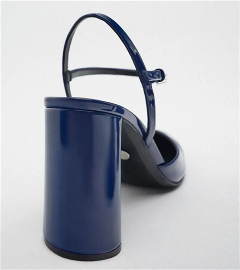 Elegant Spring Ladies Shoes Blue Patent Leather Round Toe Thick Heel Slingback Block Heels For Women Mary Jane Pumps - Image 4