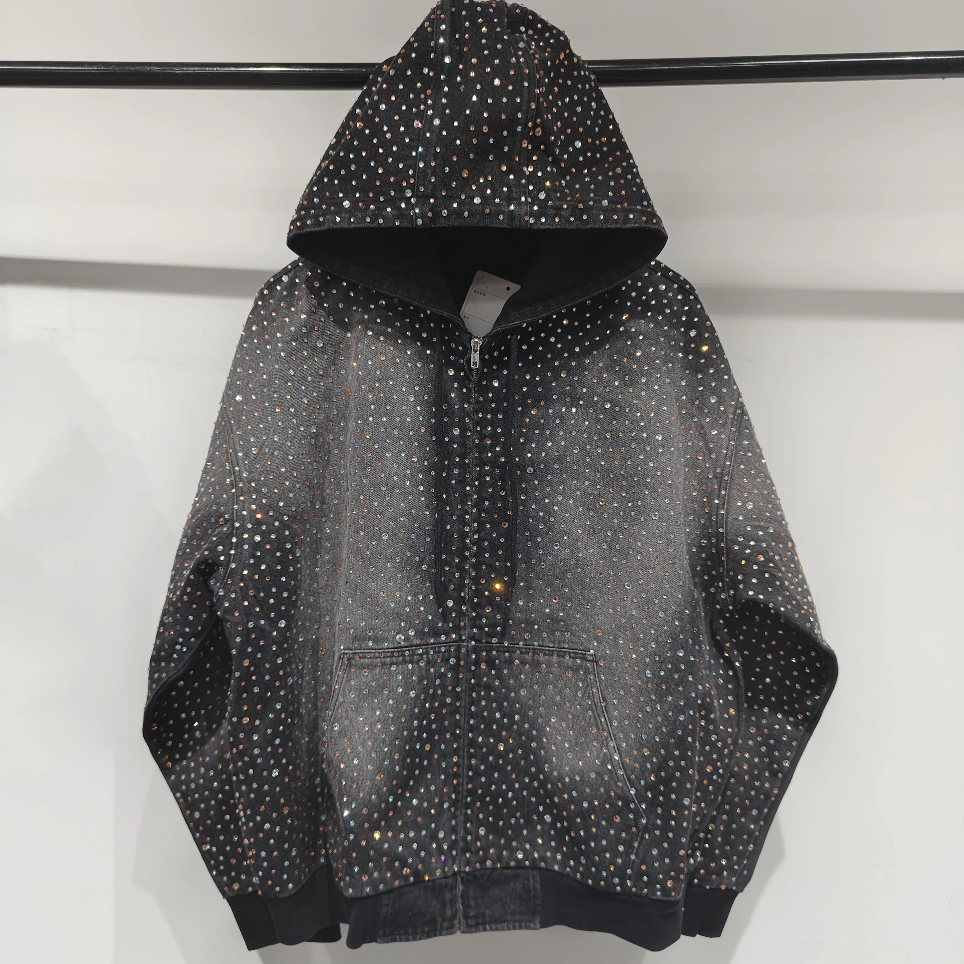 SALATI OEM & OEM Customizable New Design Rhinestone Hoodies Streetwear Style Winter Cotton Oversized Men Rhinestone Hoodie gallery 7