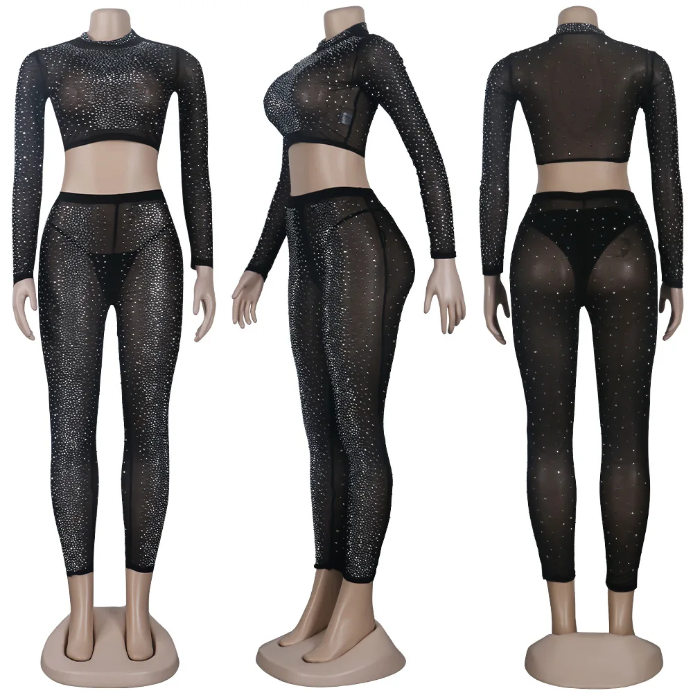 W81022 - 2021 горячая Распродажа брюк и топ сексуальный сетчатый Женский комплект из двух предметов с длинным рукавом
