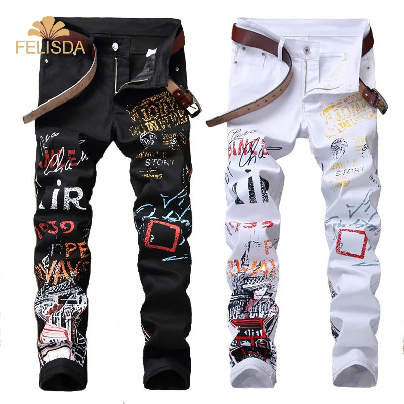 Főutcai divat férfi farmer éjszakai klub fekete fehér designer márkájú farmer férfi plus size punk nadrág hip-hop farmer farmer477_voghion.com