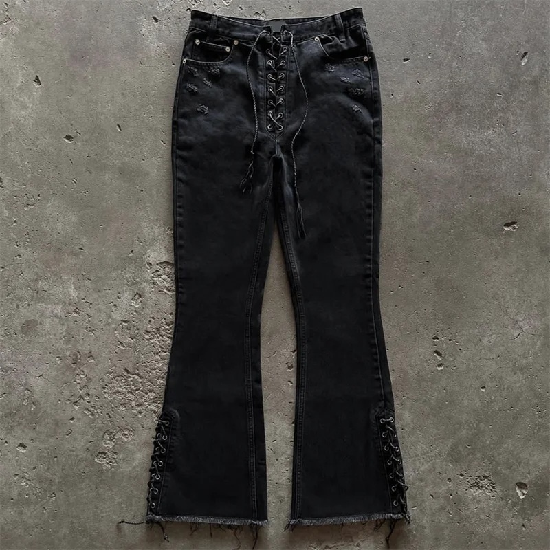 EDGE DENIM Custom Black Rope Shoelace Designer Bootcut Flare Jeans Men