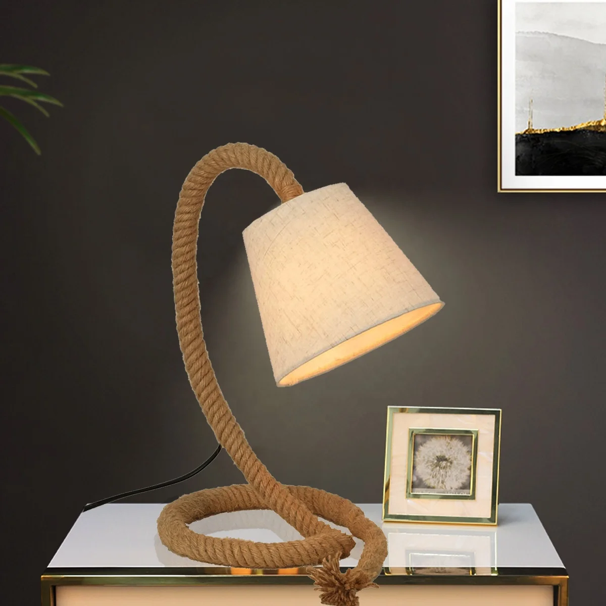 Hotel Bedroom Design - Round Wood and Fabric Shade Lamp, image size:1200x1200