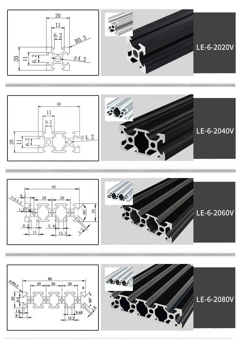 2020V series industrial extrusion aluminum profile 20x20 V slot aluminum 3D  printer profile 2020 v slot aluminum frame