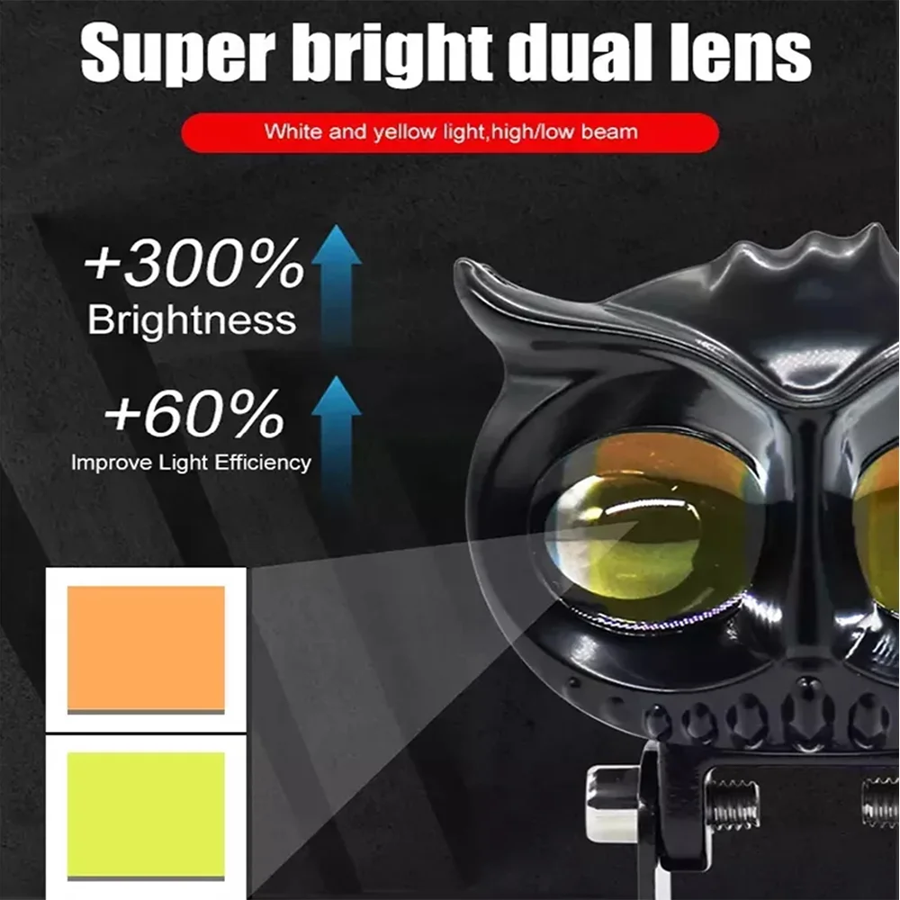 Dual Color LED Headlight with Owl Design Auxiliary Spotlight Lamp Accessories for Motorcycle ATV Scooter Car Fog Light Systems