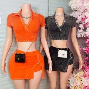 Huili Manufacturers High Quality Cotton Acid Wash Summer Crop Top & Mini Skirt Custom Heavyweight Ribbed Two Piece Set for Women