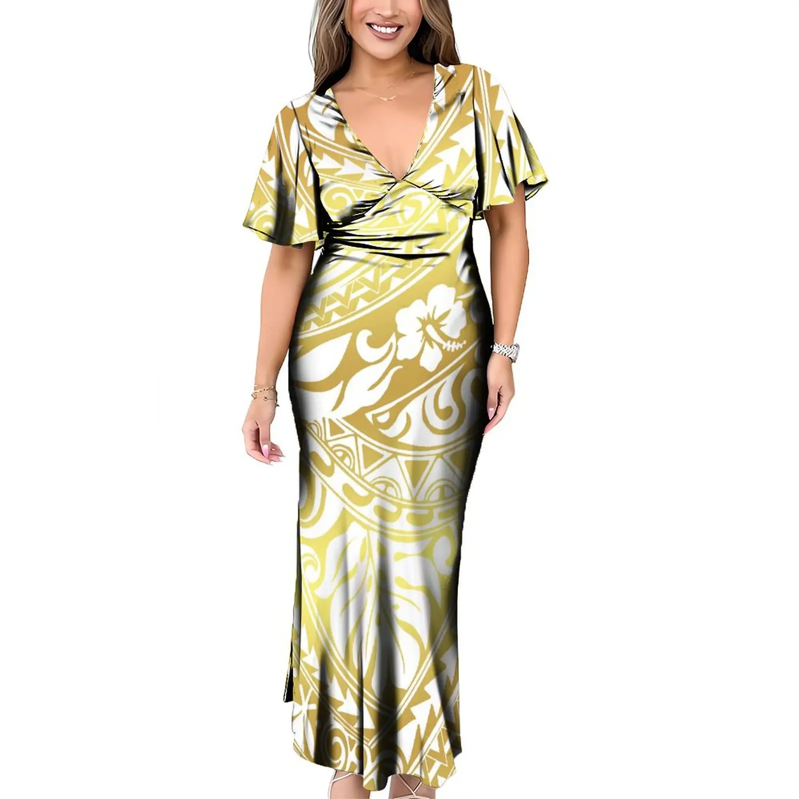 Wholesale Custom Fiji Tonga Samoa Polynesian Tribal Print Design Deep V Neck Casual Dresses Back Neck Lace up Maxi Dress
