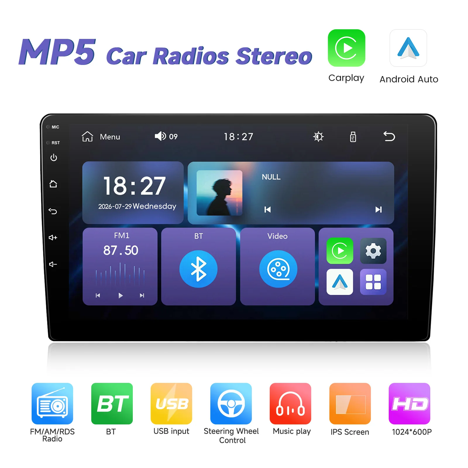 Podofo 9'' 2 Din Car Stereo MP5 Car Multimedia Player Wireless Carplay & Android Auto With YouTube BT AM/FM/RDS OEM/ODM Wholesale A4756