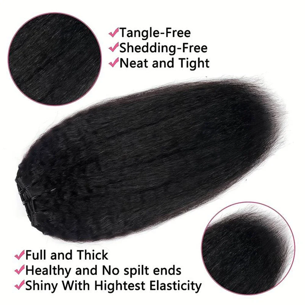 Clip In Kinky Straight Human Hair Extensions Clips In Extension Full Head Brazilian Clip on Curly #1B Hair Extension For Women_voghion.com