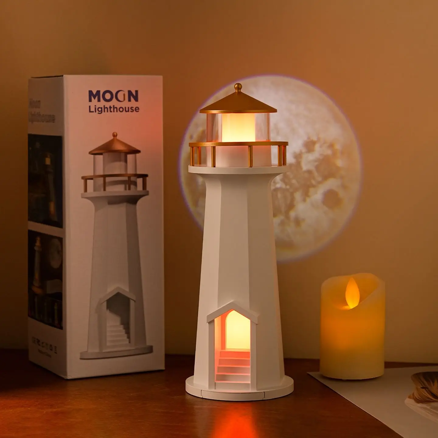 Lighthouse Shaped LED Night Light Projector Moon Pattern Warm Glow Nautical Style Home Decor Bedroom Desk Ambient Lamp