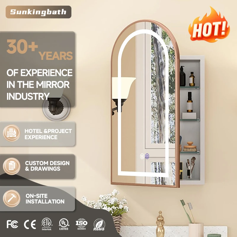 Arched LED Mirror Cabinet with Socket USB Port Anti-Fog Backlit Wall Mounted Bathroom Medicine Cabinet Aluminum for Luxury Hotel