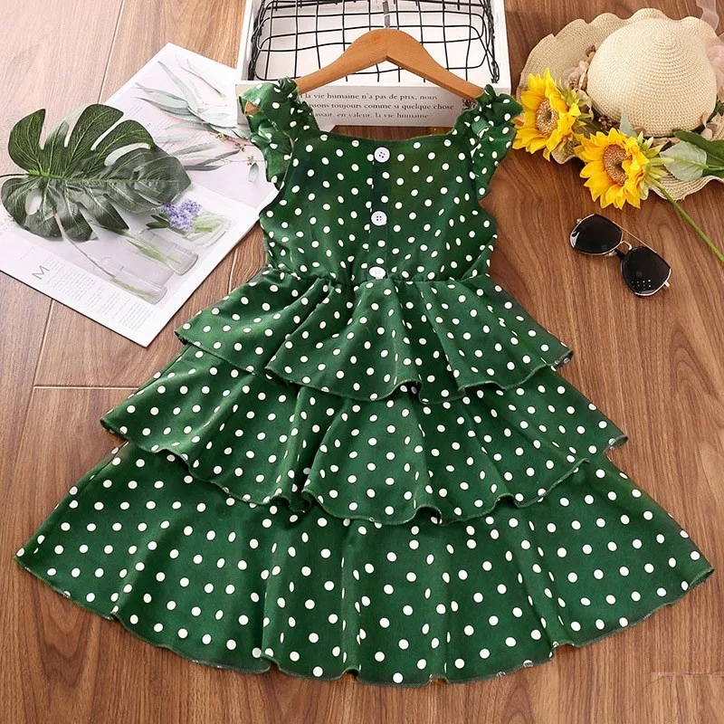 2022 Girls Summer Dot Pattern Kids Party Dresses for Children Ruffles Chiffon Dresses 6 8 10 12 14