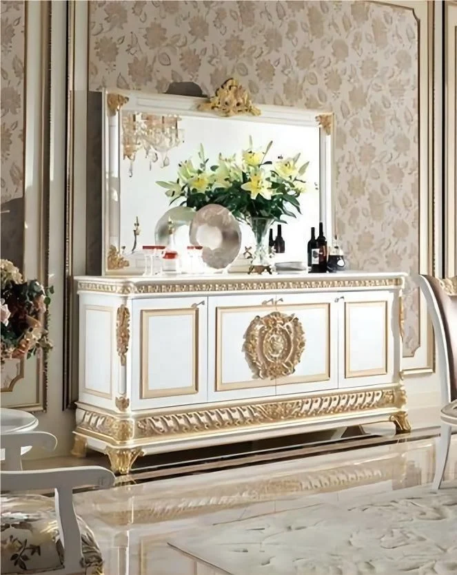 High-end Dining Room Chairs Table Furniture  White Lacquered Wooden Structure Fabric Upholstery Marble Top Dining Table Sets