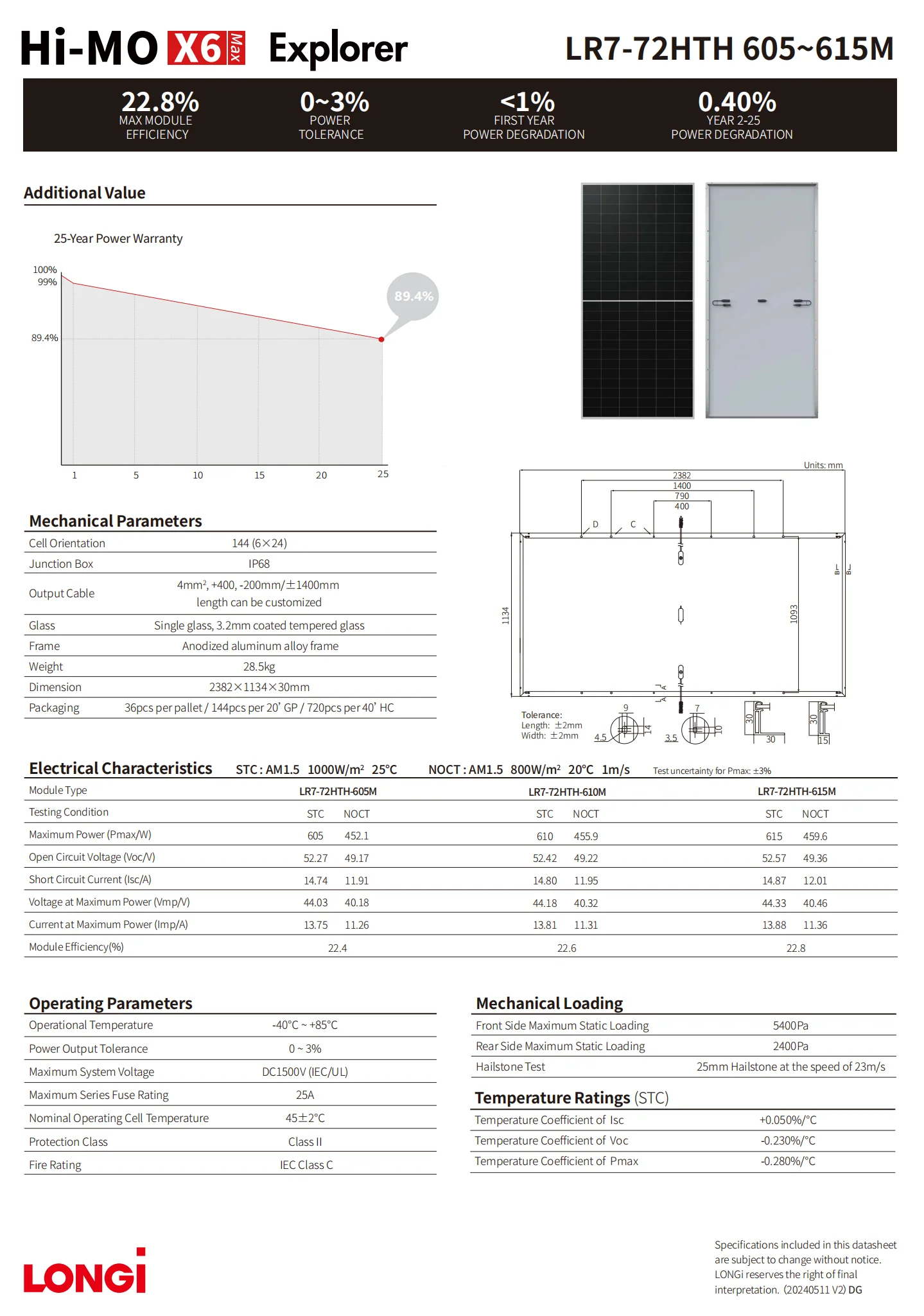 Longi Hi-MO X6 610W Max Solar Panel, N-Type Bifacial 615W High