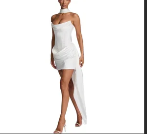 SDM191 Elegant White Short Satin Tube Top Dress with Boning Sleeveless Wholesale New Arrival
