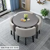 Mesa redonda gris + silla de cuero gris claro