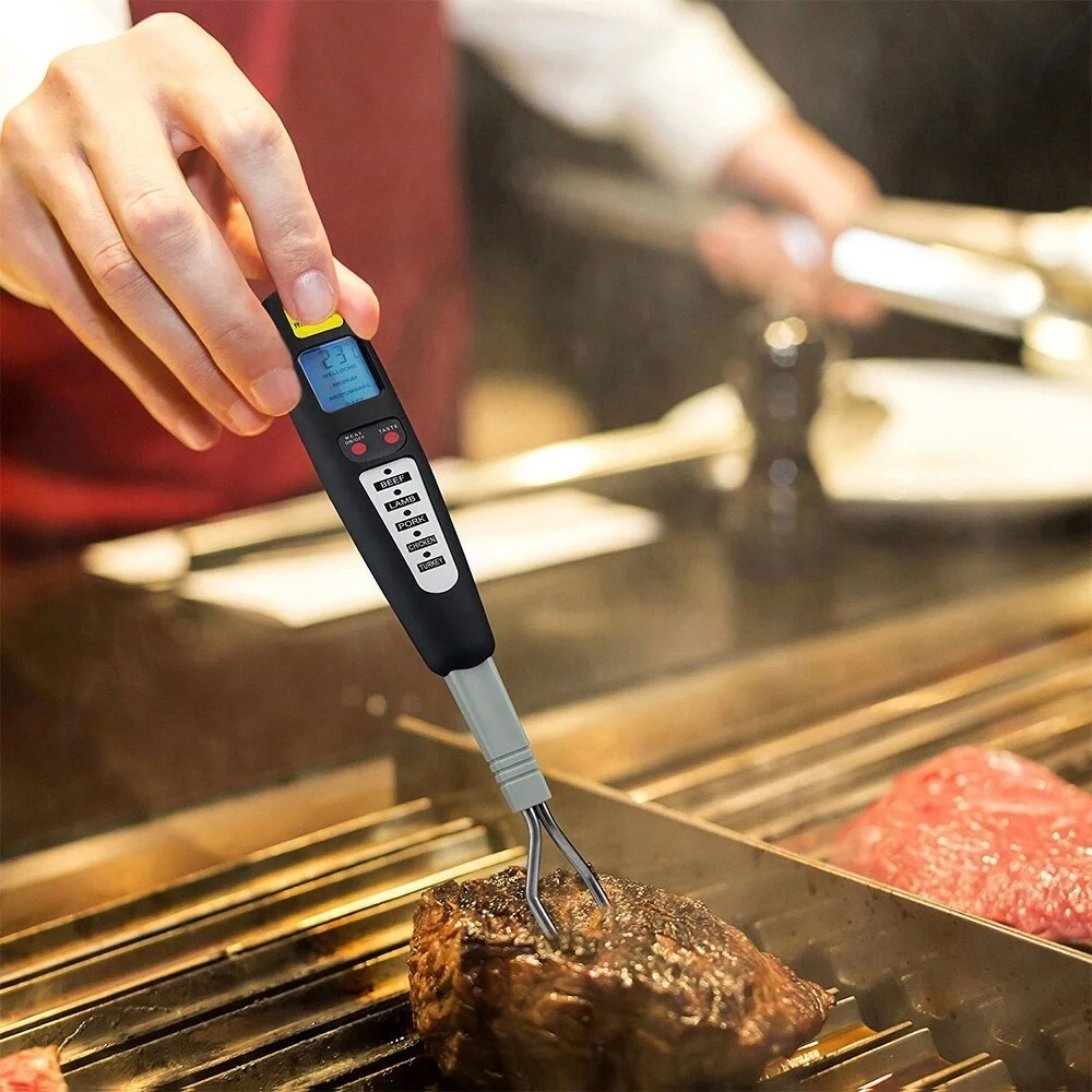 BBQ Fork Thermometer With Digital LCD Programmable for 6 Different Meat Types 4 Taste Levels for Kitchen Use